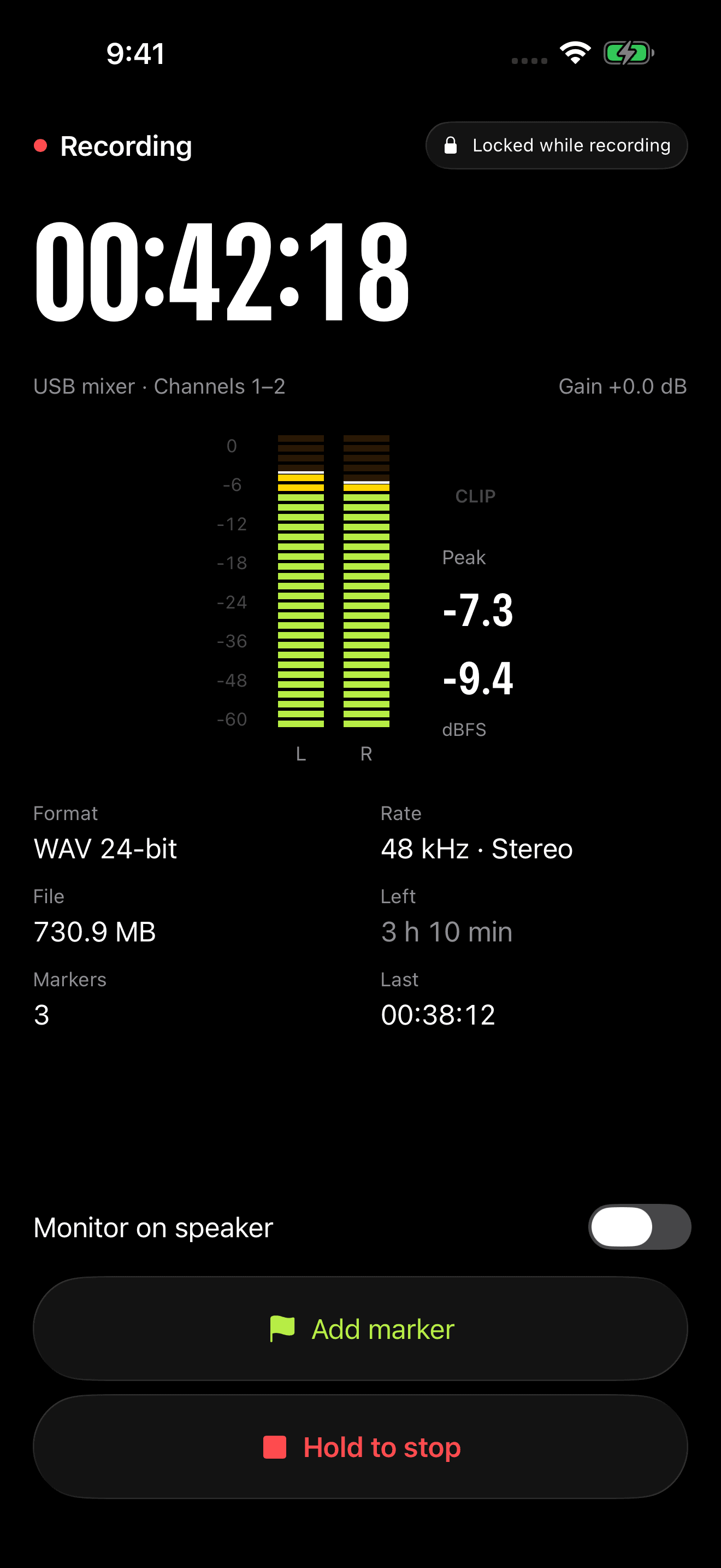 An active recording with elapsed time, stereo level meters and track marker controls.