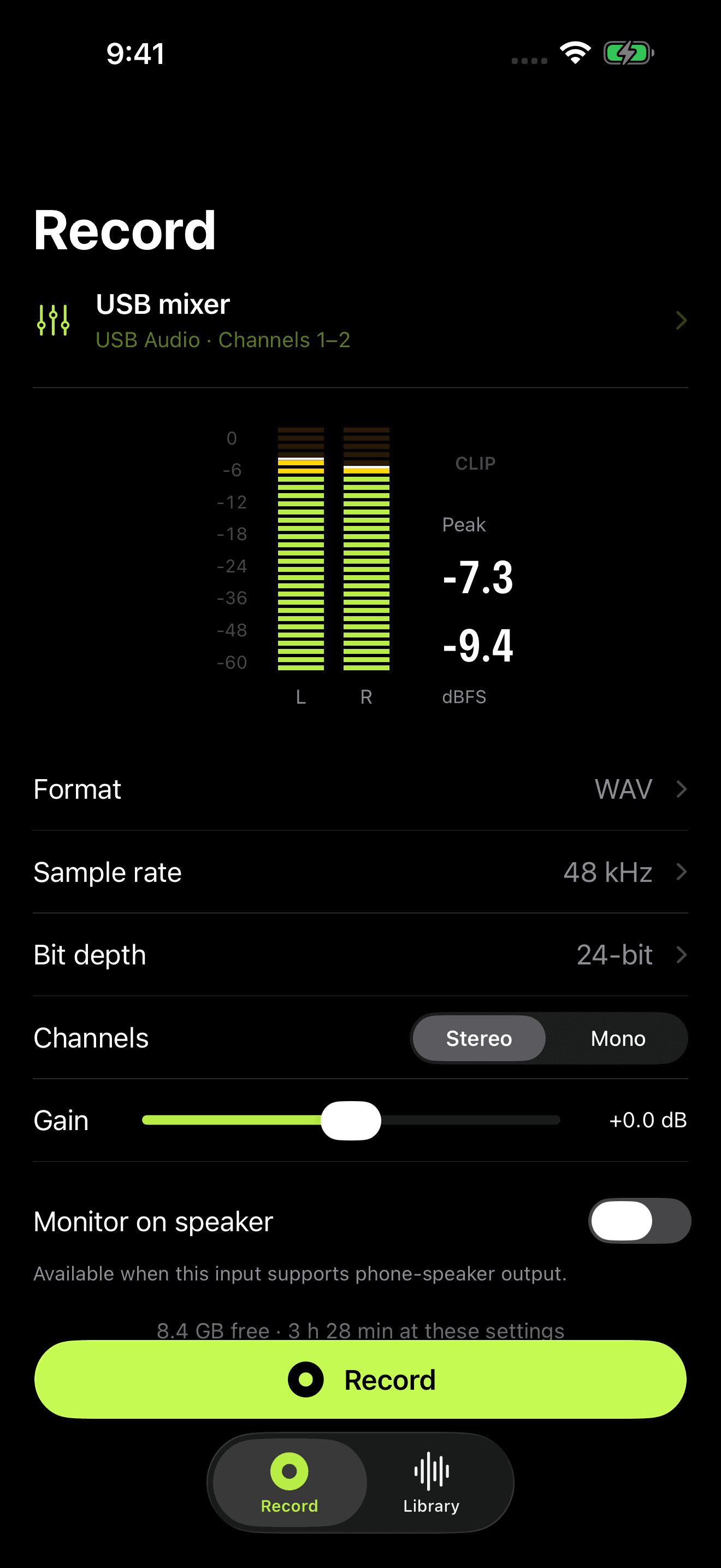 Recording settings with USB input, gain, file format and stereo or mono selection.