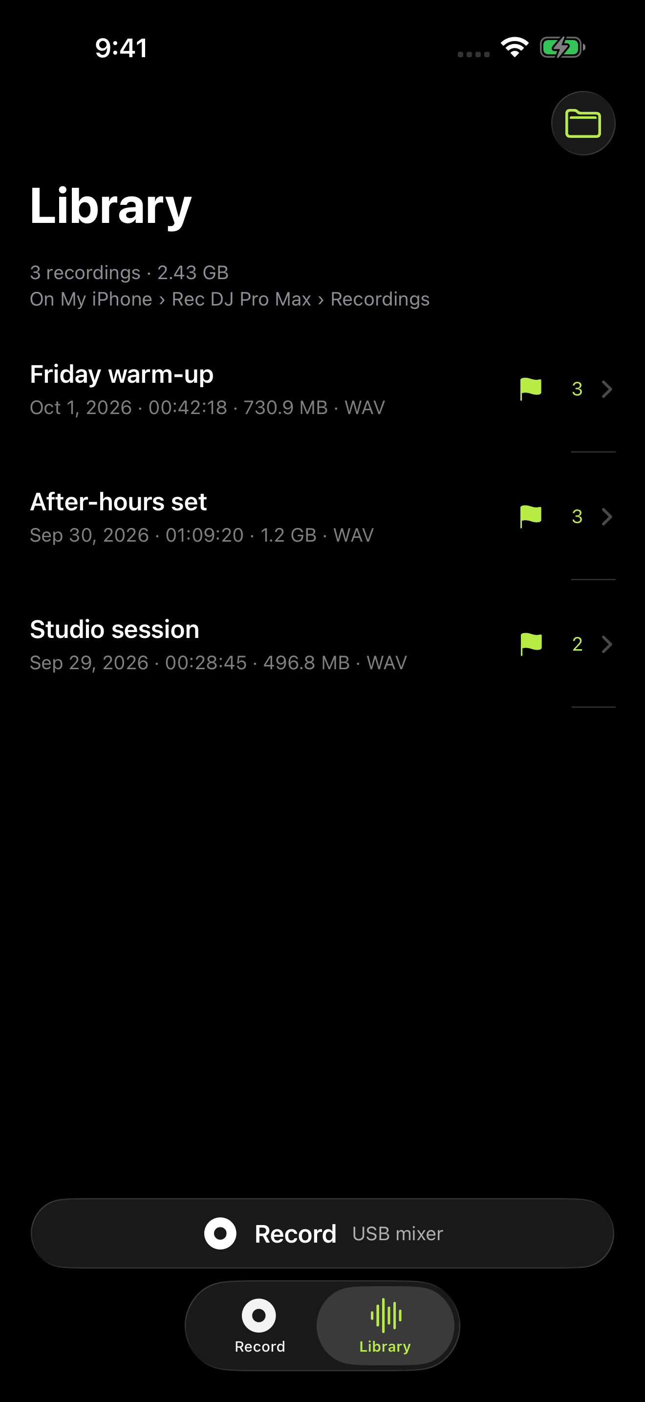 The local recording library showing saved DJ sets and their track marker counts.